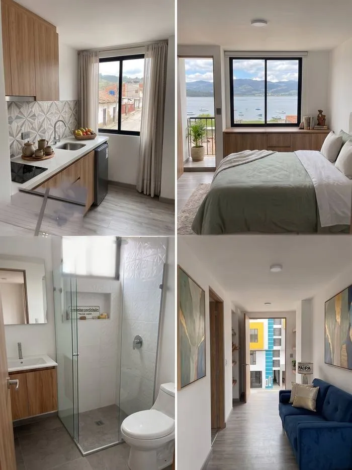 Kitchen, bedroom and bathroom of the private apartment in Paipa